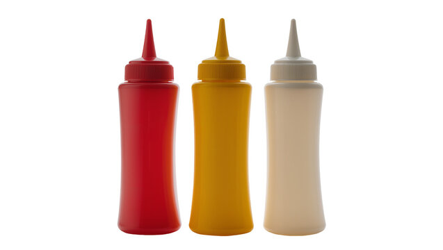 Red yellow and white squeeze bottles for condiments, isolated on transparent background