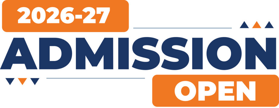Admission open banner for 2026-27 academic year. Navy blue text and orange badges on white background for schools.