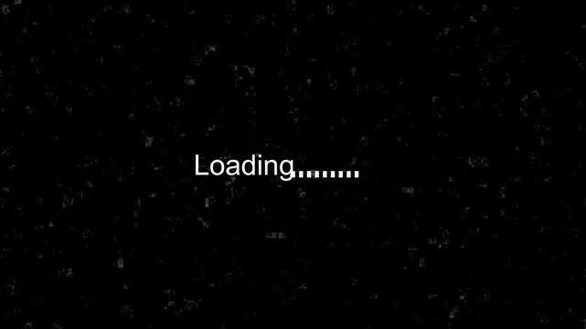 White text loading on a dark textured background. White loading symbol for system data status. Digital white loading animation for technology interface.
