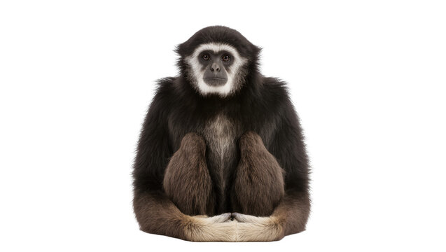 Black and white gibbon primate sitting, isolated on transparent background