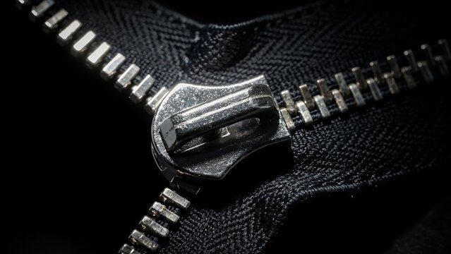 Macro of metallic zipper teeth partially opened on dark fabric with fashion and industrial detail