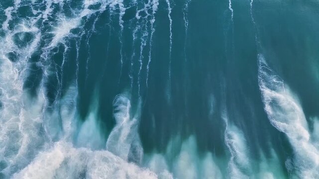 Dynamic aerial view captures powerful ocean waves, creating mesmerizing patterns of white foam and deep blue water, showcasing nature's raw beauty and force