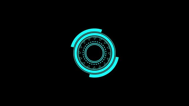 Cyan geometric circle with triangles on black. Cyan geometric circle for abstract technology and art. Digital cyan geometric circle animation for design.