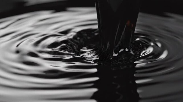 Close-up of thick, dark liquid flowing and creating captivating circular ripples, showcasing a smooth, rich, and mysterious texture, perfect for abstract backgrounds