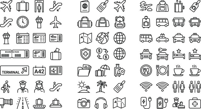 Airport and Travel Line Icon Set with Luggage Flight Booking Transport Hotel and Tourism Symbols