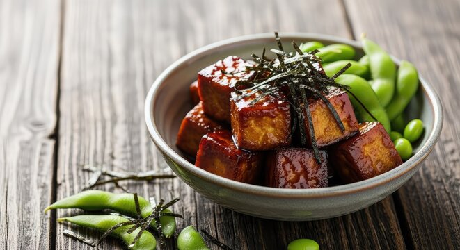 Glazed teriyaki tofu cubes served in a bowl with green edamame and dried seaweed strips, presented on a rustic dark wooden table surface, meal, dinner, cooking