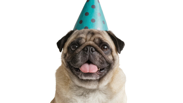 Happy pug dog wearing a teal polka dot party hat, isolated on transparent background