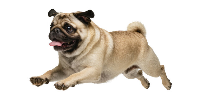 Fawn pug dog running with tongue out, isolated on transparent background