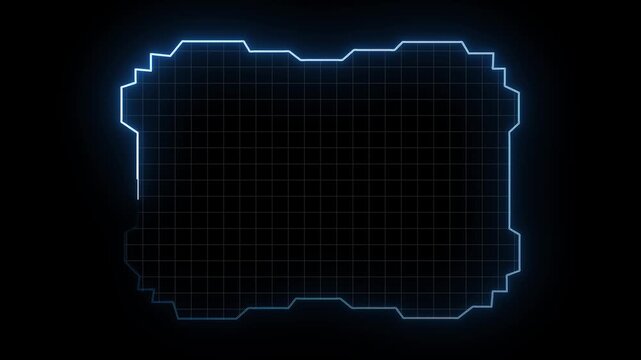 Cyan neon irregular frame with grid overlay. Cyan neon frame symbol for digital technology. Digital cyan neon frame animation for tech interface.