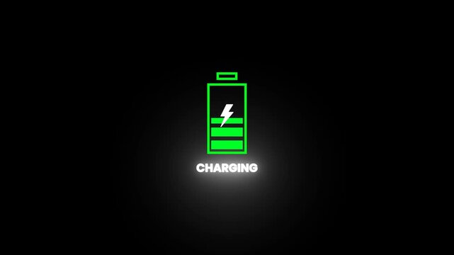 Mobile phone battery fast charging animation with alpha channel, abstract low battery charg status indicator animation in futuristic glowing polygonal style, digital battery charge 4k animation.
