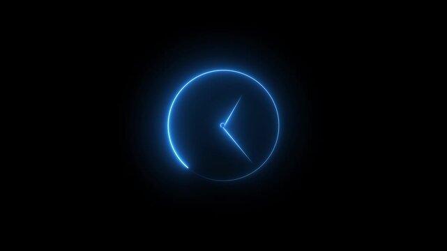 Blue neon clock face with glowing hands. Blue neon clock symbol for digital time and technology. Digital blue neon clock animation for web interface.