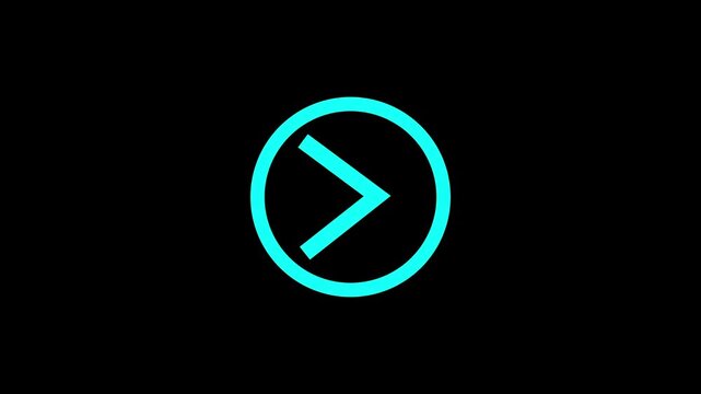 Cyan arrow inside circle on black background. Cyan arrow symbol for direction and navigation. Digital cyan arrow animation for technology interface.