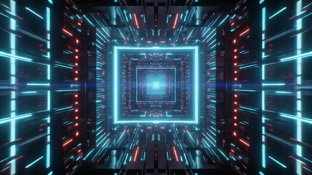 Futuristic digital tunnel with glowing neon lights creating an abstract, infinite pathway, symbolizing advanced technology and rapid data flow