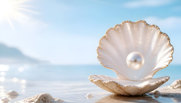 Open sea shell with luxury shiny pearl on sunny beach background with copy space