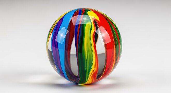 Una esfera de cristal transparente y brillante decorada con salpicaduras vibrantes de pintura acr&iacute;lica multicolor sobre un fondo neutro, creativo, esfera, reflexivo