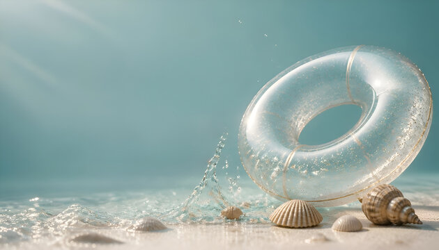 Clear transparent inflatable swim ring floating on sea water near beach with seashells