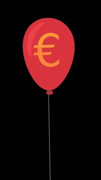 Scissors cutting a red balloon string with euro sign on green screen, symbolizing inflation control and financial crisis management. Chroma key green screen with alpha channel.