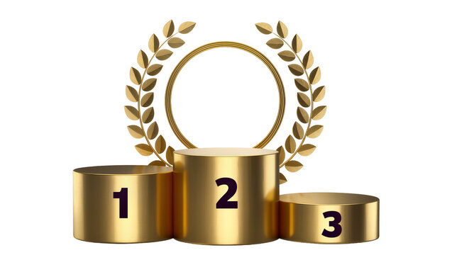 Golden podium with numbers 1 2 3 and laurel wreath, isolated on transparent background