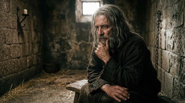 John the Baptist in a stone prison cell. Portrait of a bearded man in contemplation. Biblical historical scene of suffering