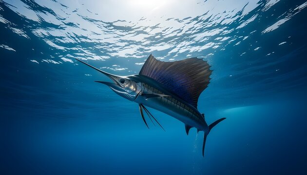 Majestic sailfish swimming through deep blue ocean water, showcasing long bill and dramatic dorsal fin in dynamic underwater marine wildlife scene