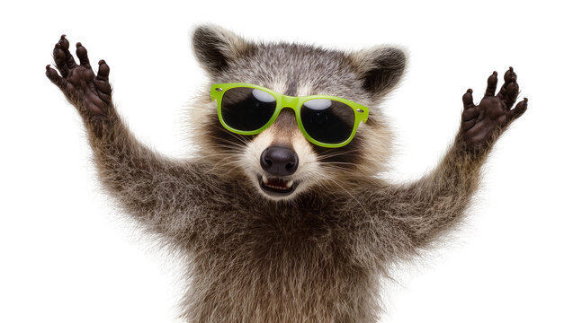Funny raccoon wearing green sunglasses raising paws, isolated on transparent background