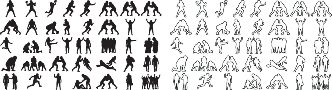 American football player silhouettes, set of 80 sports action icons in vector format, black athlete outlines for competition and team graphics