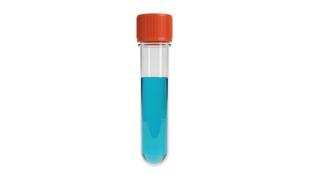 Clear glass test tube with orange cap filled with blue liquid, isolated on transparent background