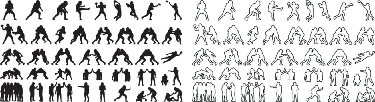 American football player silhouettes set, professional athlete action poses in black vector graphics, sports competition outline icons for design