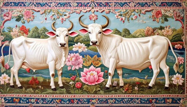 Two Sacred Cows Adorned with Flowers in a Vibrant Indian Folk Art Style.