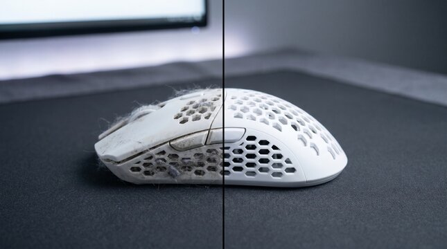 Dirty and Clean White Gaming Mouse Before After Comparison
