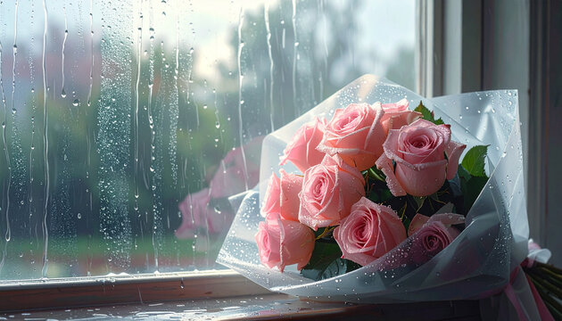 Pink roses bouquet near a window