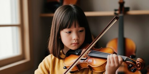 Fototapeta premium Little Asian girl plays violin with concentration. Child practices classical music instrument indoors. Another violin rests nearby in soft background focus. Young talent learns to play.
