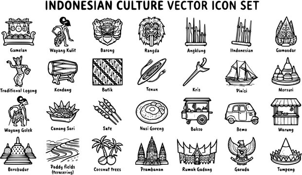 Indonesian Culture Vector Icon Set. Hand-drawn Black  White Line Art Glyphs of Traditional Arts, Food, Landmarks, and Symbols