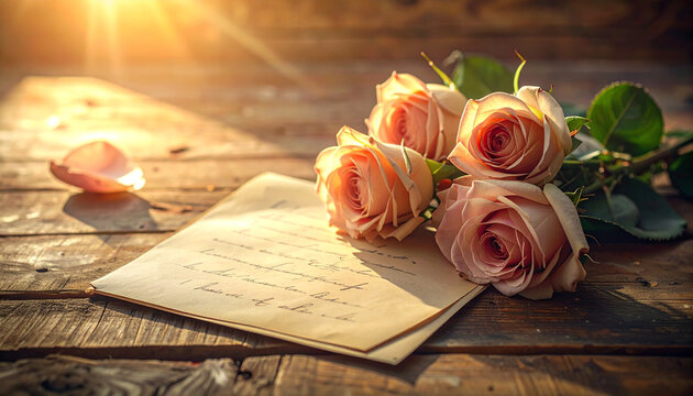 Roses and letter on a wooden surface