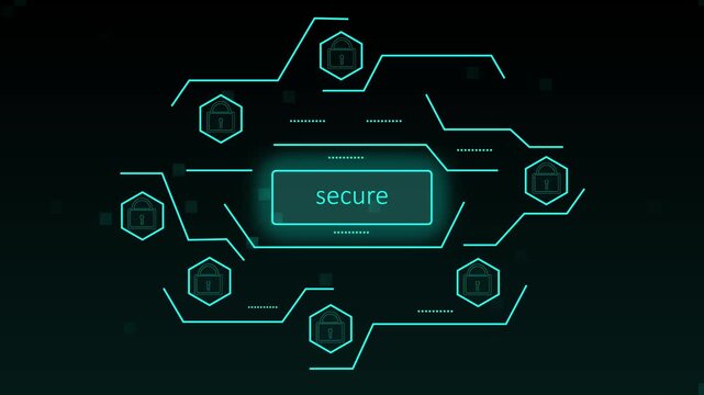 Secure network with padlock icons and cyan glow. Secure network symbol for cyber safety and privacy. Digital secure network animation for data safety.