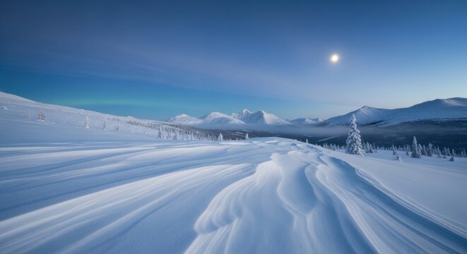 Vast Snowy Landscape Under a Twilight Sky with a Full Moon.