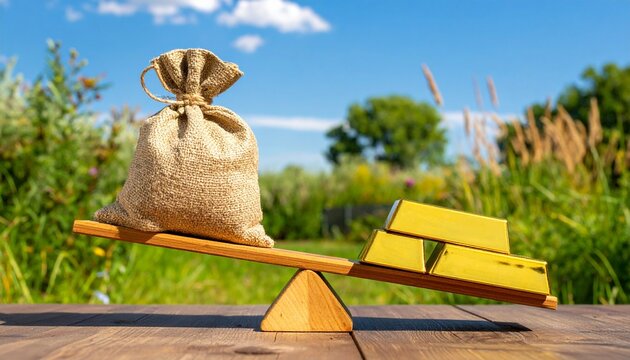 A wooden balance scale outdoors holds a money sack and gold bars, symbolizing value, wealth, and equilibrium between currency and tangible assets under natural light.