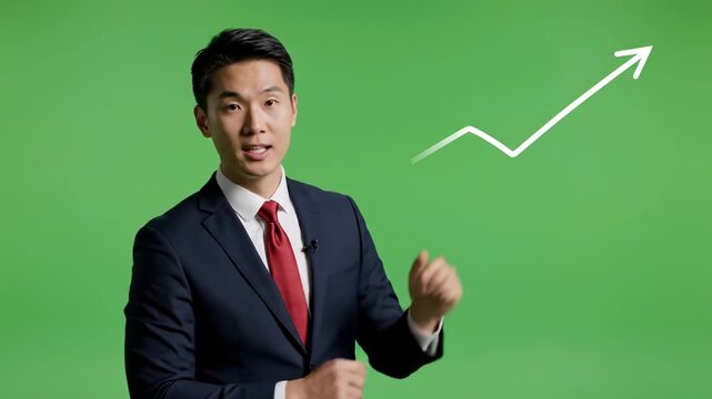 Asian businessman presenting financial growth chart on green screen background presentation