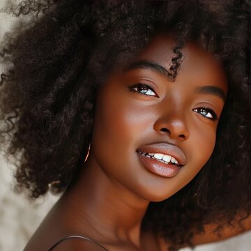 Beautiful Young Black Woman with Curly Hair and Radiant Smile.