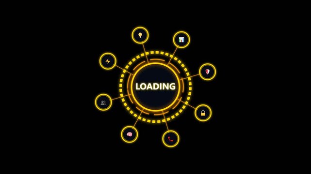 hud loading screen animation with glowing yellow circular interface and digital icon