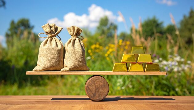 A wooden balance scale outdoors holds a money sack and gold bars, symbolizing value, wealth, and equilibrium between currency and tangible assets under natural light.