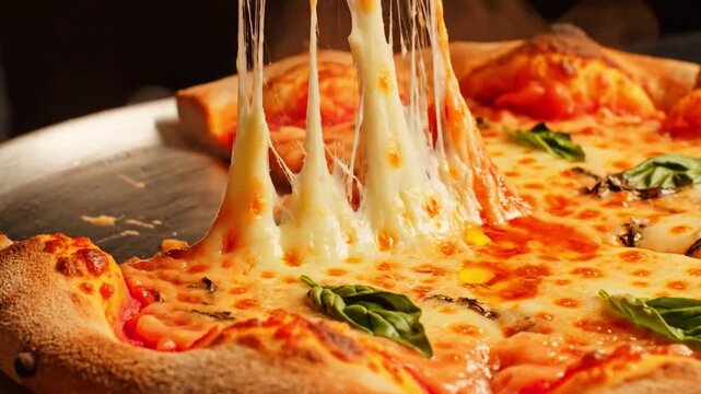 Taking a slice of hot pizza with melting mozzarella cheese pull and fresh basil leaves