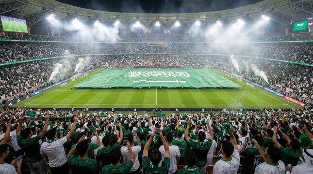 Saudi arabia national football team fans waving a giant flag at the king abdullah sports city stadium in jeddah