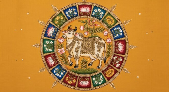 Vedic Astrology Zodiac Wheel with Sacred Cow Illustration.