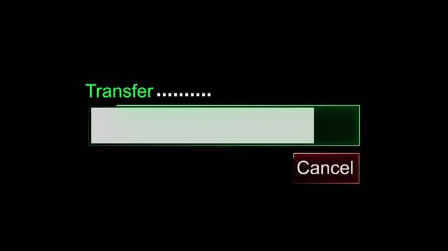 Transfer progress bar with cancel button status. Transfer progress bar for computer system data. Digital transfer progress bar animation for tech.