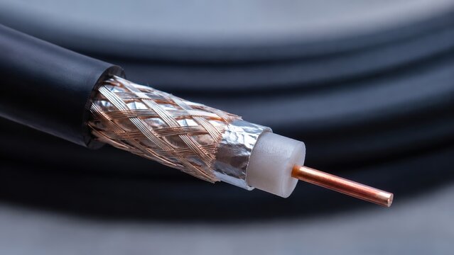 Close-up of coaxial cable with copper conductor and braided shielding for telecommunications and signal transmission, network infrastructure, and communication systems concept.