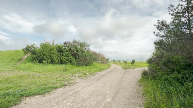 An empty gravel trail forks into separate pathways between rolling green hills. The wide natural landscape looks completely peaceful and serene under an open, cloudy summer sky.