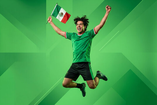 Mexican Fan Jumping Celebrating with Flag