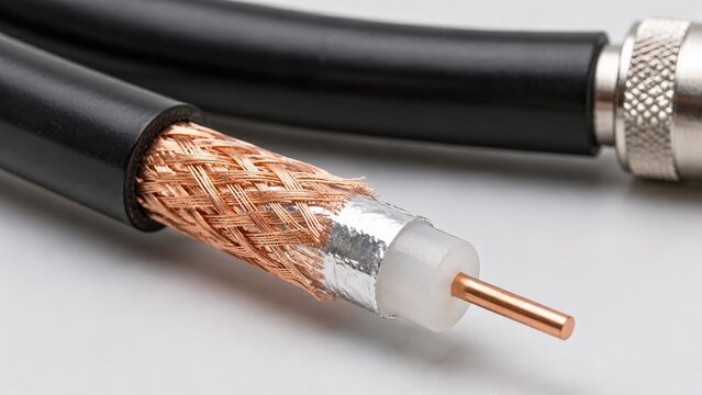Close-up of coaxial cable with copper conductor and braided shielding for telecommunications and signal transmission, network infrastructure, and communication systems concept.