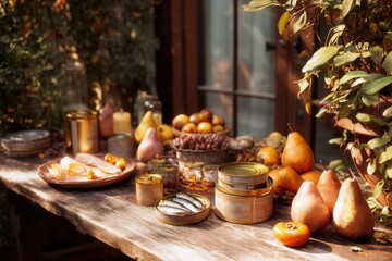 Fototapeta premium Still life with open canned sardines and fresh fruit on a rustic wooden table. Autumn harvest dinner with pear and persimmon. Healthy mediterranean aesthetic food and snack concept.